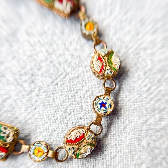 Antique Italian Micro Mosaic Bracelet - Gilt Brass - Estate Costume Jewelry - Picture 11 of 16